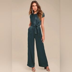 Lulus Let Me Entertain You Dark Green Satin Wide Leg Jumpsuit